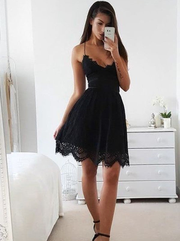 A-Line/Princess Spaghetti Straps Sleeveless Short/Mini Dresses Homecoming Dresses Lace Angel