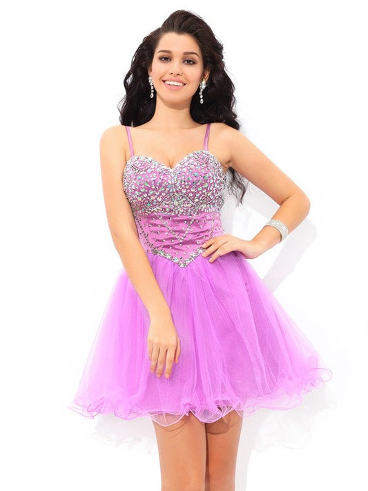 A-Line/Princess Spaghetti Straps Paillette Sleeveless Short Net Dresses Cocktail Joslyn Homecoming Dresses