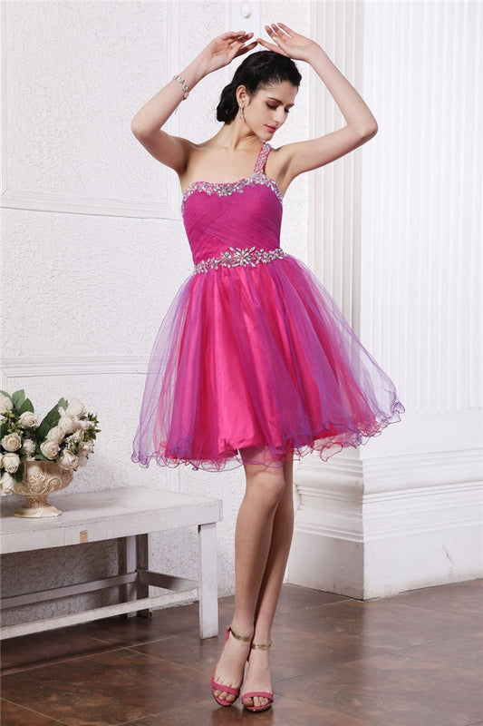 A-Line/Princess One-Shoulder Sleeveless Beading Short Homecoming Dresses Cocktail Amaya Organza Dresses