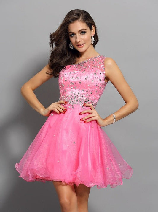 A-Line/Princess One-Shoulder Cocktail Homecoming Dresses Nell Ruffles Sleeveless Short Organza Dresses