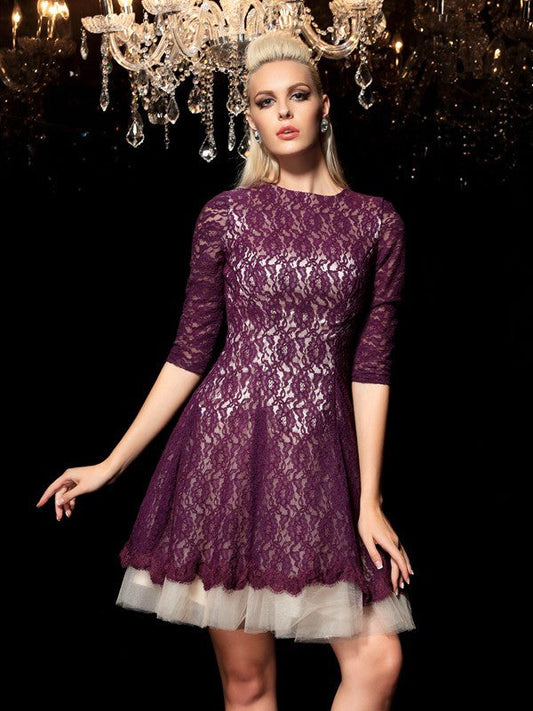 A-Line/Princess Sheer Neck 1/2 Sleeves Short Dresses Lace Cocktail Homecoming Dresses Amina