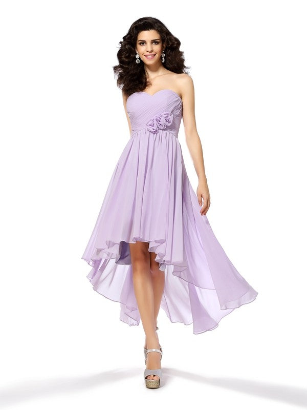 A-Line/Princess Sweetheart Cocktail Chiffon Homecoming Dresses Josephine Hand-Made Flower Sleeveless High Low Dresses