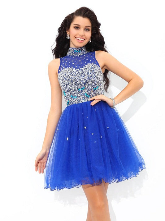 A-Line/Princess High Neck Beading Sleeveless Short Net Cocktail Neveah Homecoming Dresses Dresses