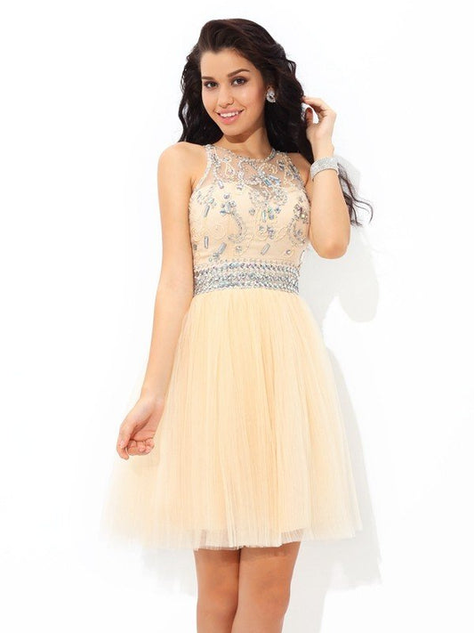 A-Line/Princess Sheer Homecoming Dresses Cocktail Janiyah Neck Beading Sleeveless Short Net Dresses