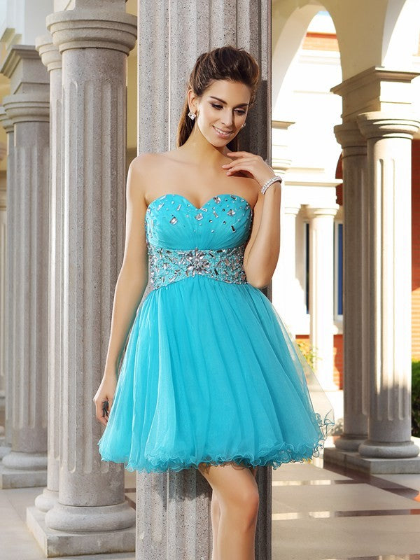 A-Line/Princess Sweetheart Ruffles Jaslyn Homecoming Dresses Satin Cocktail Sleeveless Short Dresses