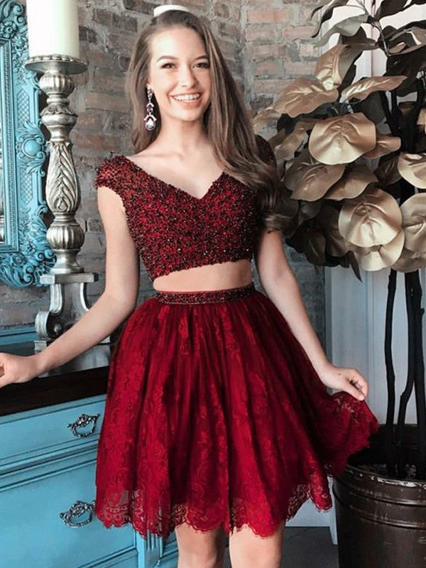 Brisa Lace Homecoming Dresses A-Line/Princess V-Neck Sleeveless Beading Short/Mini Two Piece Dresses