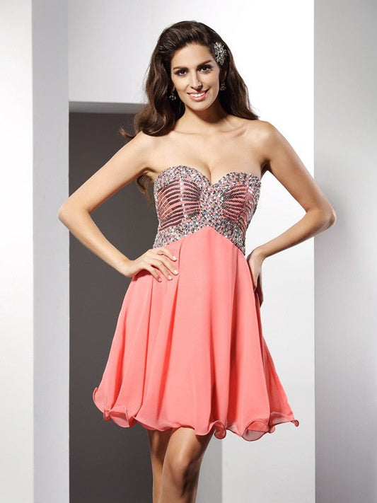 A-Line/Princess Anika Cocktail Homecoming Dresses Chiffon Sweetheart Beading Sleeveless Short Dresses