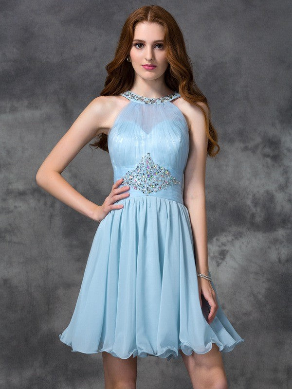 Cocktail Jeanie Homecoming Dresses Chiffon A-Line/Princess Scoop Beading Sleeveless Short Dresses