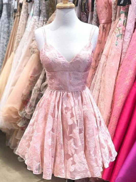 A-Line/Princess Spaghetti Straps June Homecoming Dresses Lace Sleeveless Ruffles Short/Mini