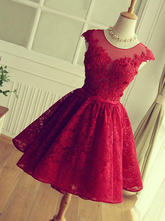 A-Line Jewel Lace Homecoming Dresses Jane Cut Short With Applique Red