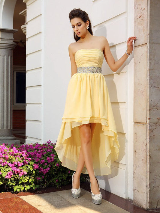 A-Line/Princess Strapless Beading Sleeveless High Low Dresses Cocktail Homecoming Dresses Chiffon Caylee