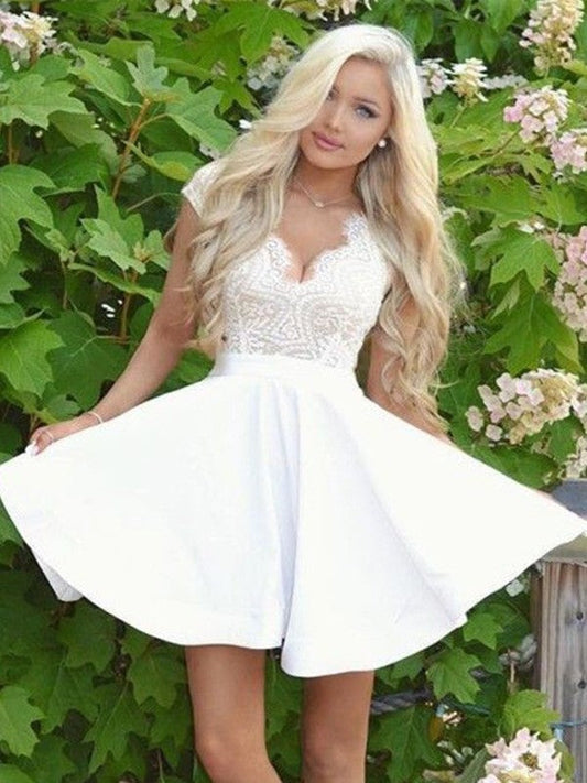 Lace Satin Brooke Homecoming Dresses A-Line/Princess V-Neck Short Sleeves Short/Mini Dresses