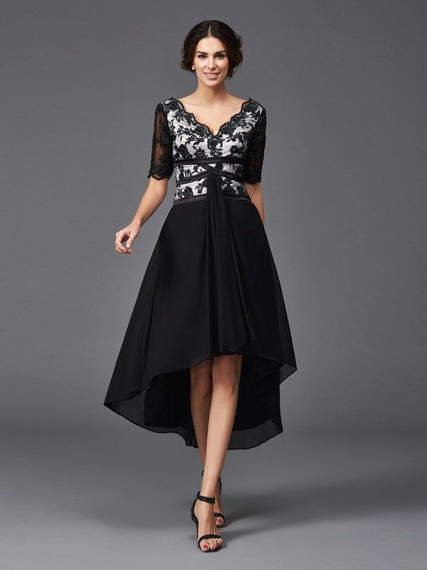 A-Line/Princess V-Neck 1/2 Sleeves High Low Homecoming Dresses Lace Bianca Chiffon Dresses