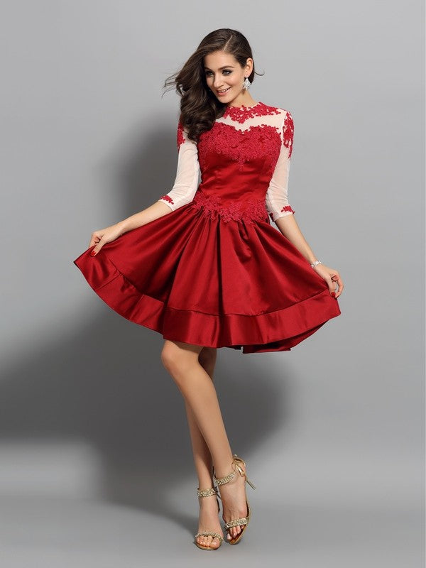 Satin Marlie Cocktail Homecoming Dresses A-Line/Princess High Neck Applique 1/2 Sleeves Short Dresses