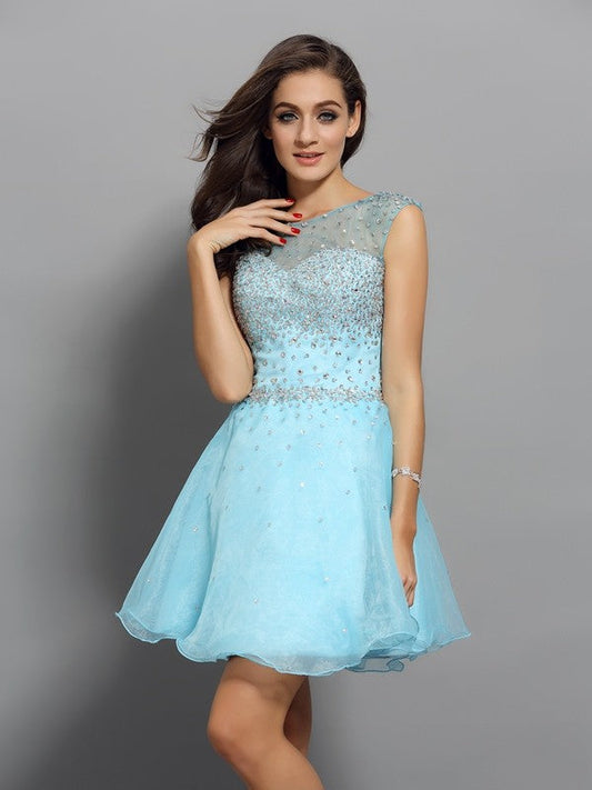 A-Line/Princess Scoop Beading Sleeveless Short Organza Cocktail Homecoming Dresses Cecelia Dresses