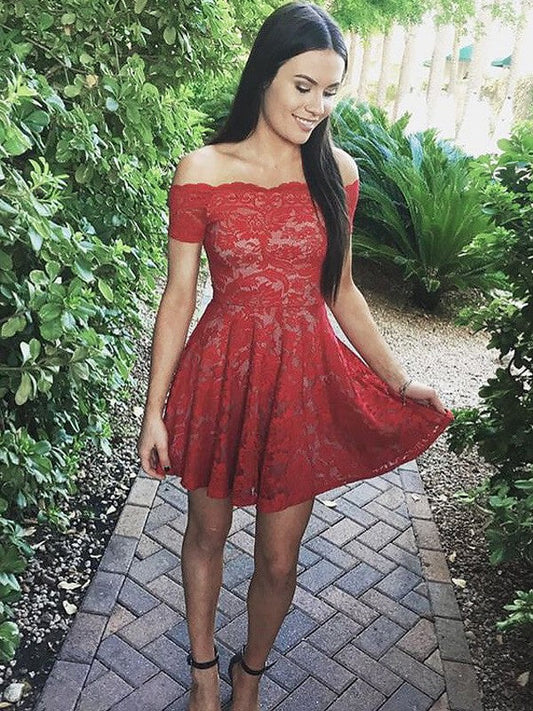 A-Line/Princess Off-The-Shoulder Short Sleeves Short/Mini Dresses Homecoming Dresses Bailey Lace