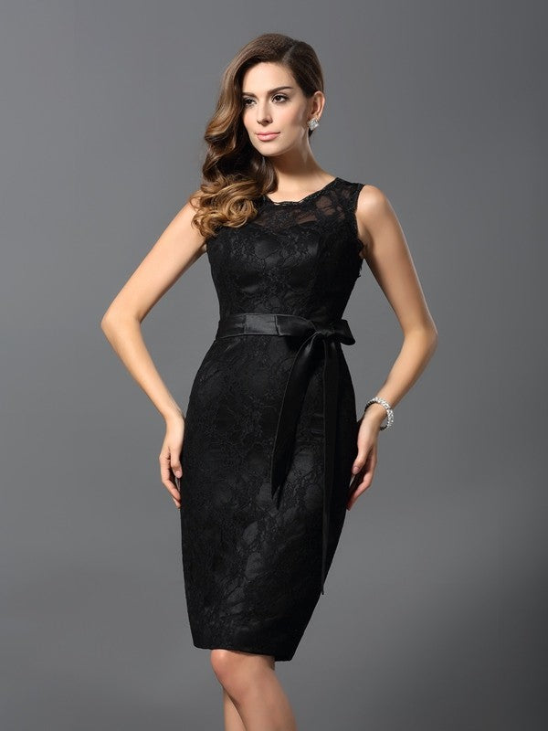 Sheath/Column Lace Homecoming Dresses Madalynn Cocktail Satin Jewel Sleeveless Short Dresses