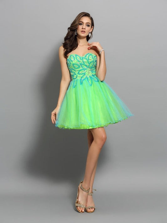 A-Line/Princess Sweetheart Beading Sleeveless Cocktail Homecoming Dresses Cecelia Short Net Dresses