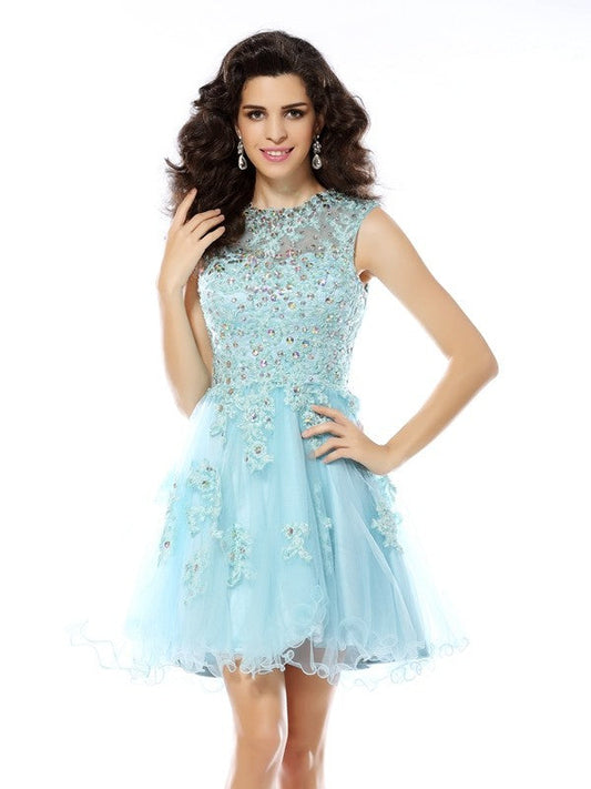 A-Line/Princess Scoop Beading Applique Angie Homecoming Dresses Satin Cocktail Sleeveless Short Dresses