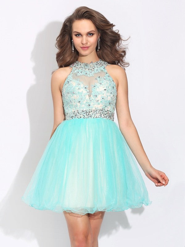 A-Line/Princess High Neck Sleeveless Short Lace Homecoming Dresses Lyric Net Dresses