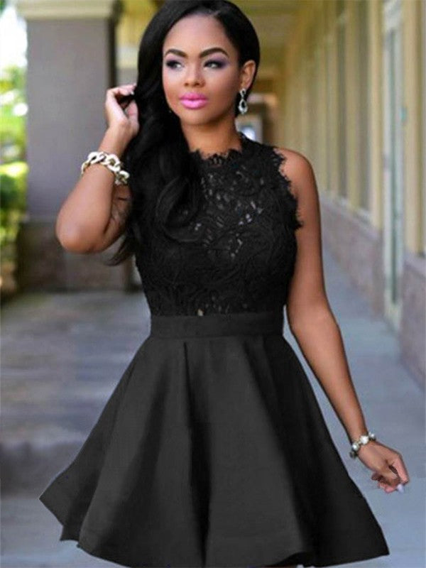 Homecoming Dresses Lace Satin Madelynn A-Line Jewel Cut Short With Black