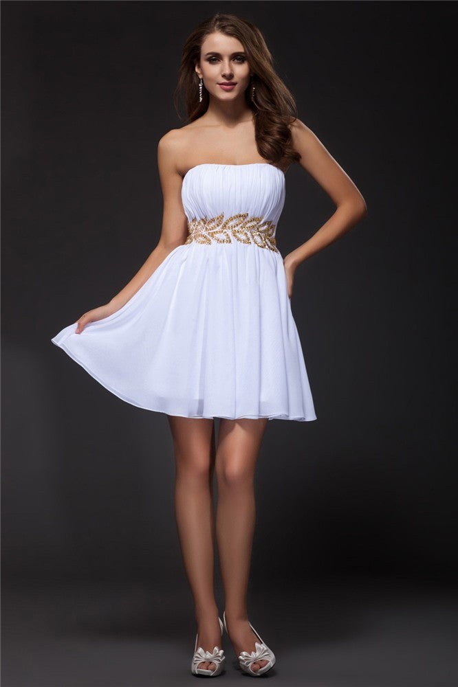 A-Line/Princess Strapless Sleeveless Cocktail Homecoming Dresses Jordan Chiffon Beading Short Dresses