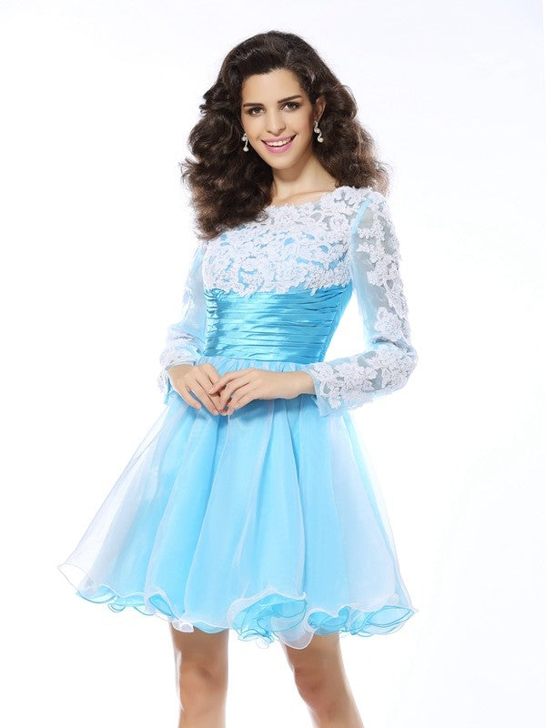 A-Line/Princess Scoop Applique Long Sleeves Short Elastic Woven Cocktail Homecoming Dresses Satin Zoie Dresses