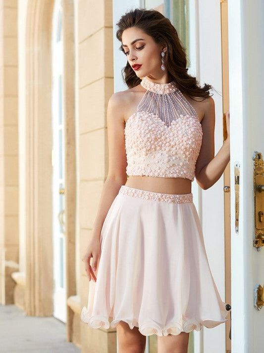 Brittany Homecoming Dresses Chiffon A-Line/Princess Halter Beading Sleeveless Short/Mini Two Piece Dresses