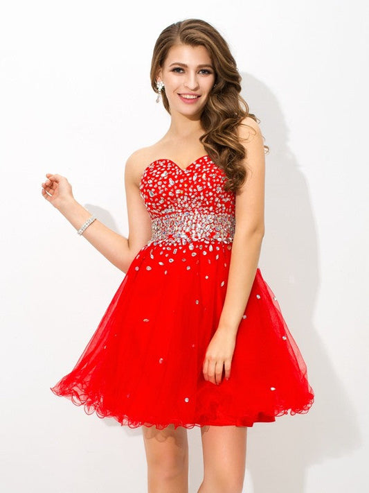 A-Line/Princess Sweetheart Beading Sleeveless Short Organza Dresses Ashleigh Cocktail Homecoming Dresses