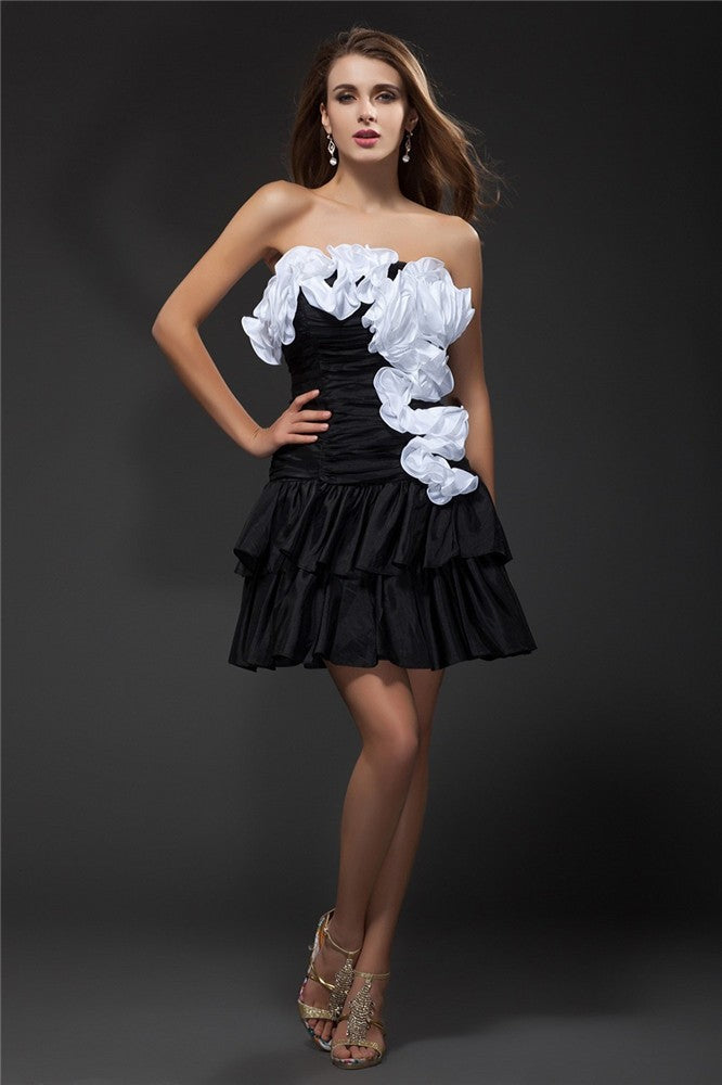 A-Line/Princess Strapless Miriam Cocktail Homecoming Dresses Ruffles Hand-Made Flower Sleeveless Short Taffeta Dresses