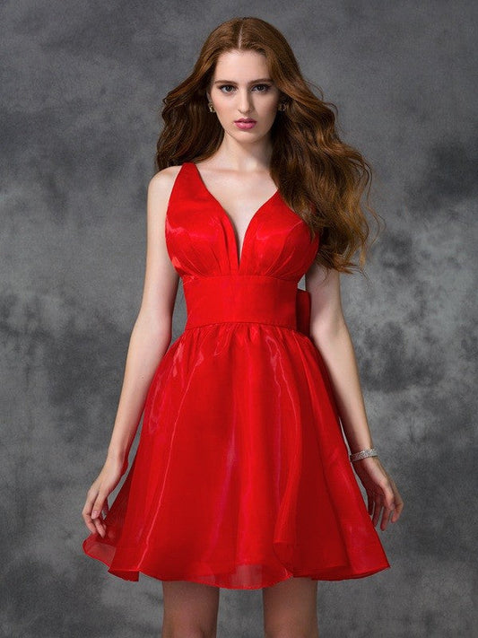 A-Line/Princess V-Neck Sash/Ribbon/Belt Sleeveless Short Organza Cocktail Kaylynn Homecoming Dresses Dresses