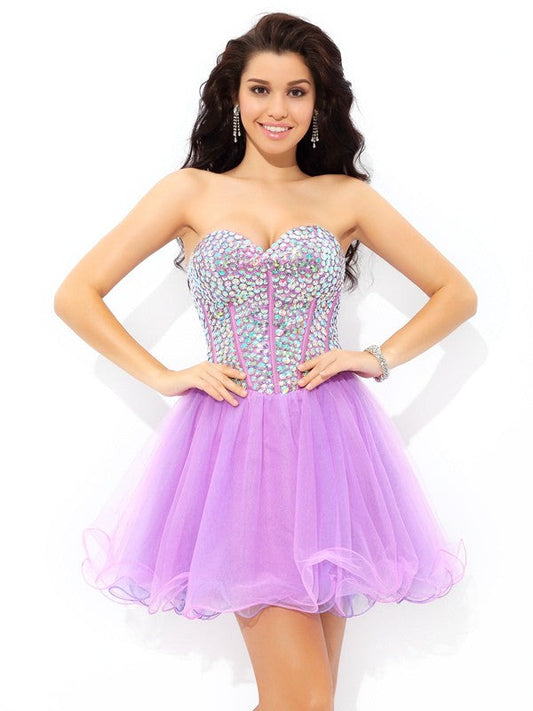 A-Line/Princess Sweetheart Rosa Homecoming Dresses Cocktail Paillette Sleeveless Short Net Dresses