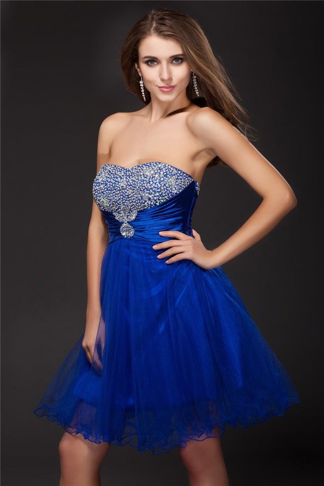 A-Line/Princess Strapless Beading Sleeveless Short Net Elastic Woven Homecoming Dresses Baylee Cocktail Satin Dresses