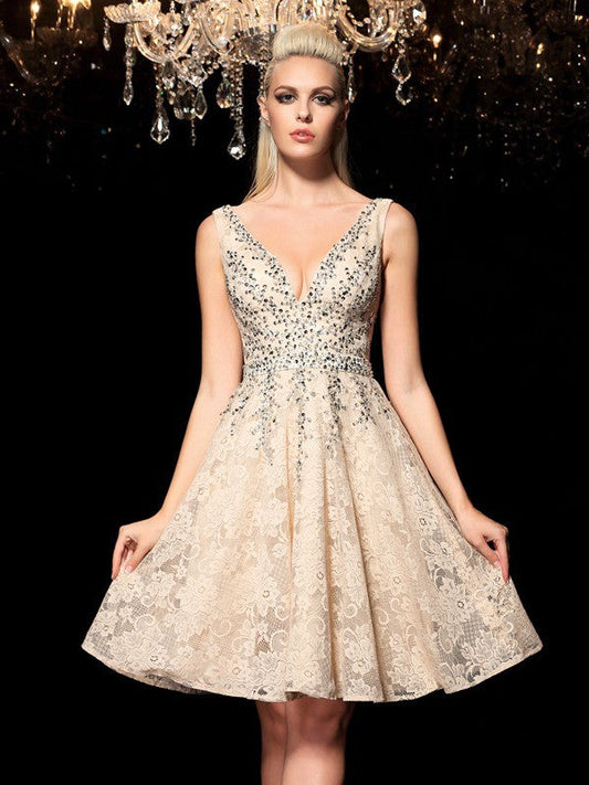 Homecoming Dresses Lace Olivia Cocktail A-Line/Princess V-Neck Beading Sleeveless Short Dresses