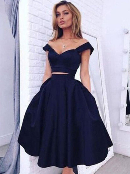 Bailee Satin Homecoming Dresses A-Line/Princess Off-The-Shoulder Sleeveless Tea-Length Two Piece Dresses