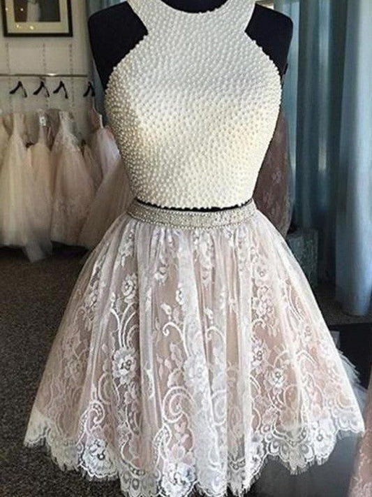 A-Line/Princess Sleeveless Homecoming Dresses Alicia Lace Halter Pearls Short/Mini Two Piece Dresses