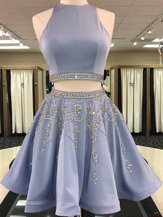 A-Line/Princess Sleeveless Bateau Homecoming Dresses Satin Cheyenne Beading Short/Mini Two Piece Dresses