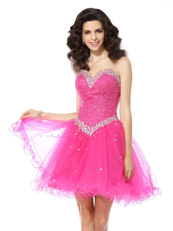 A-Line/Princess Sweetheart Satin Homecoming Dresses Lilyana Cocktail Beading Sleeveless Short Dresses