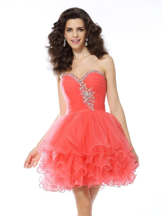 A-Line/Princess Sweetheart Ruffles Sleeveless Short Dresses Homecoming Dresses Cocktail Scarlett Satin