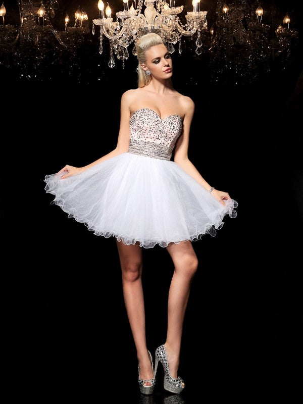 A-Line/Princess Sweetheart Azul Cocktail Homecoming Dresses Beading Sleeveless Short Net Dresses