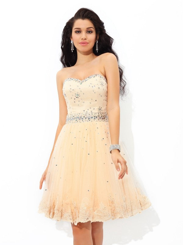 Brooklynn Cocktail Satin Homecoming Dresses A-Line/Princess Sweetheart Beading Sleeveless Short Dresses