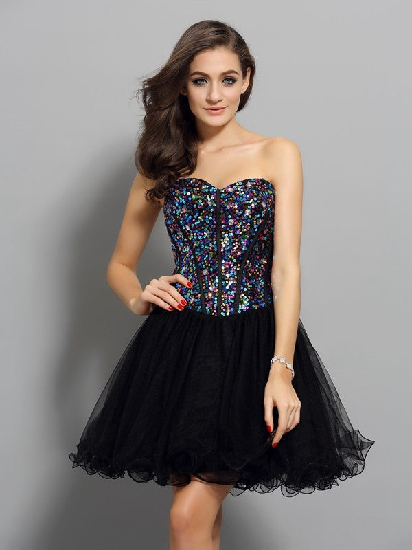 A-Line/Princess Sweetheart Ruffles Sleeveless Short Net Dresses Homecoming Dresses Zaria Cocktail