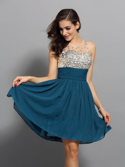 A-Line/Princess Bateau Rhinestone Sleeveless Short Chiffon Cocktail Homecoming Dresses Mya Dresses