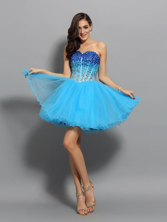 A-Line/Princess Sweetheart Ruffles Sleeveless Cocktail Imani Satin Homecoming Dresses Short Dresses