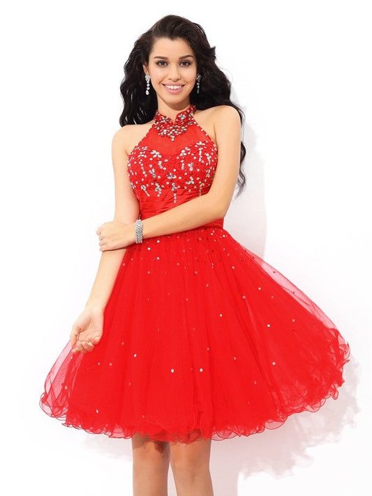 A-Line/Princess Cocktail Kinsley Homecoming Dresses High Neck Beading Sleeveless Short Net Dresses