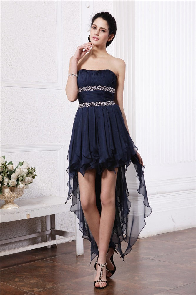 Sheath/Column Strapless Sleeveless Beading High Cocktail Paisley Chiffon Homecoming Dresses Low Dresses