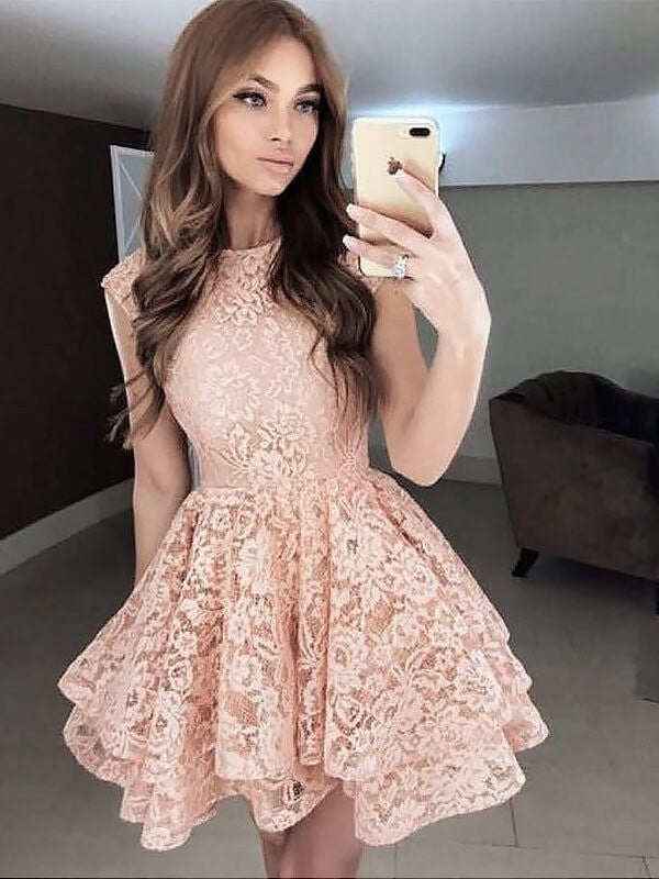 A-Line/Princess Homecoming Dresses Dania Lace Scoop Sleeveless Short/Mini Dresses