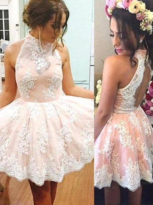 A-Line/Princess Sleeveless High Lace Louisa Homecoming Dresses Neck Short/Mini Dresses