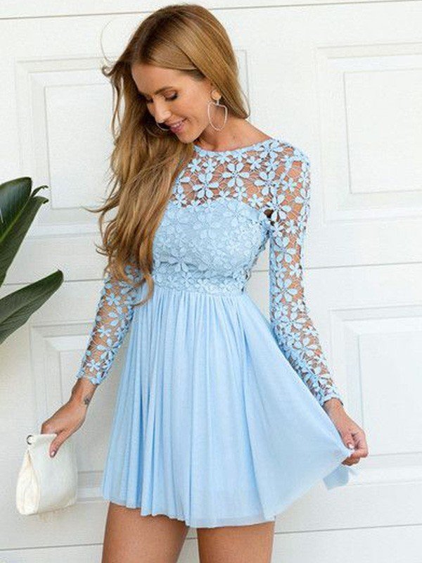 A-Line/Princess Scoop Long Chiffon Lace Homecoming Dresses Annalise Sleeves Short/Mini Dresses