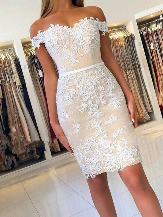 Sheath/Column Off-The-Shoulder Homecoming Dresses Lace Dylan Sleeveless Applique Short/Mini